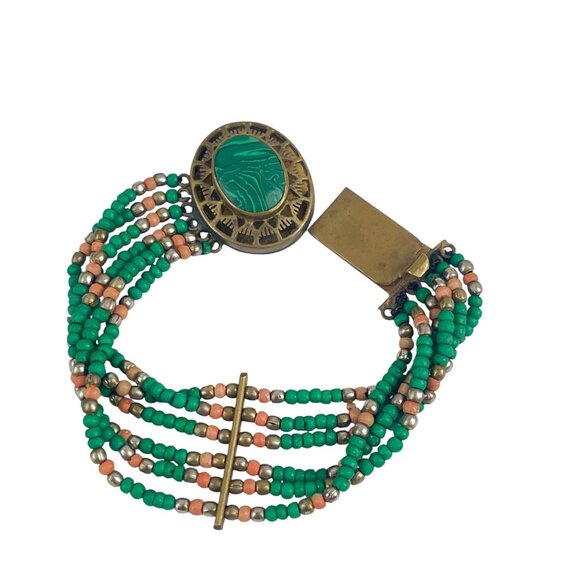 Vintage Multi-Strand Beaded Bracelet With Green Cabochon & Brass Accents Ethnic - Picture 1 of 9